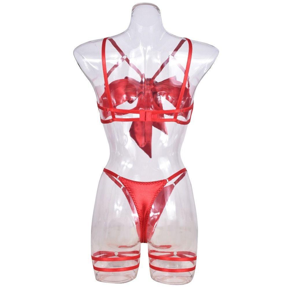 Hollow Out Underwear Three Piece Set Bow Women Lingerie Set Comfortable Satin Silk Bra Suit  Home