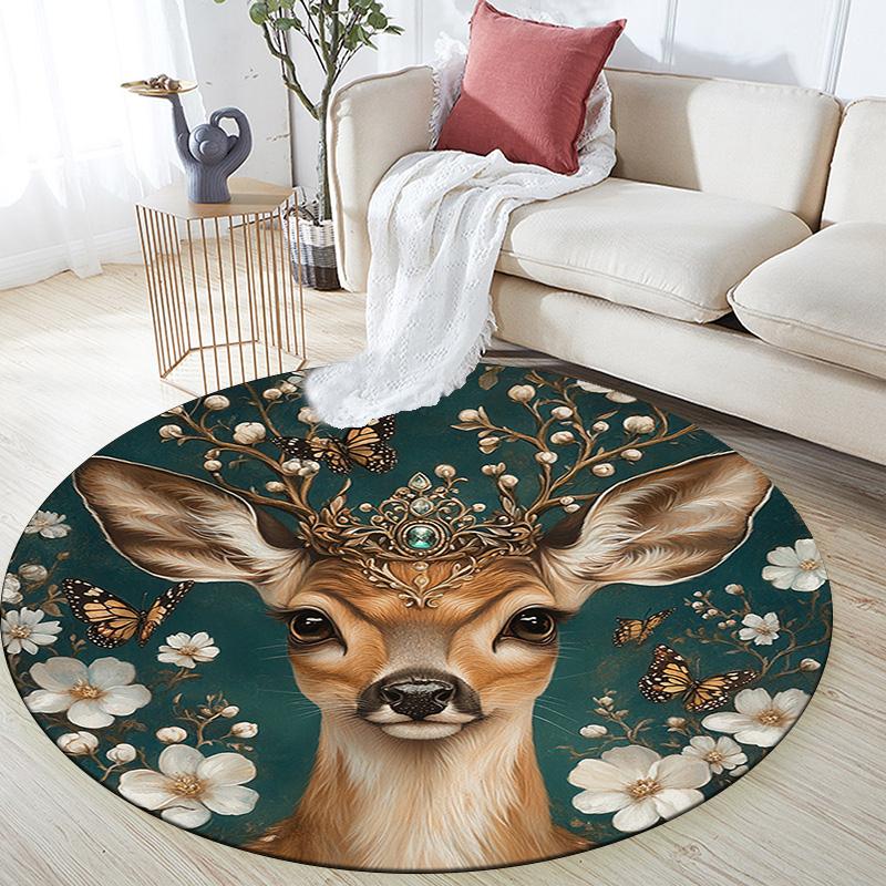 Deer with Flowers Round Area Rug,Carpet Rug for Living Room Bedroom Sofa Playroom Decor,Non-slip Floor Mat