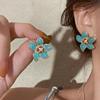 Retro Turquoise Purple Zircon Flower Stud Earrings for Women No Piercing Imitation Gem Filigree Oval Ear Clip Ethnic Jewelry