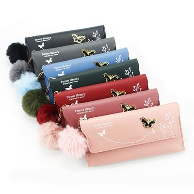 Women PU Leather Flap Wallet with Plush Ball Lady Butterfly Coin Purse