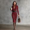 Rochie pulover midi cu nervuri pentru femei, gât în V, guler răsucit, mânecă lungă, mulată, croială slim, rochie de toamnă-iarnă cu curea inclusă