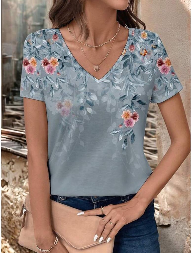 Women's fashionable printed T-shirt with floral pattern, casual short-sleeved V-neck, regular top, everyday printed T-shirt, casual blouse