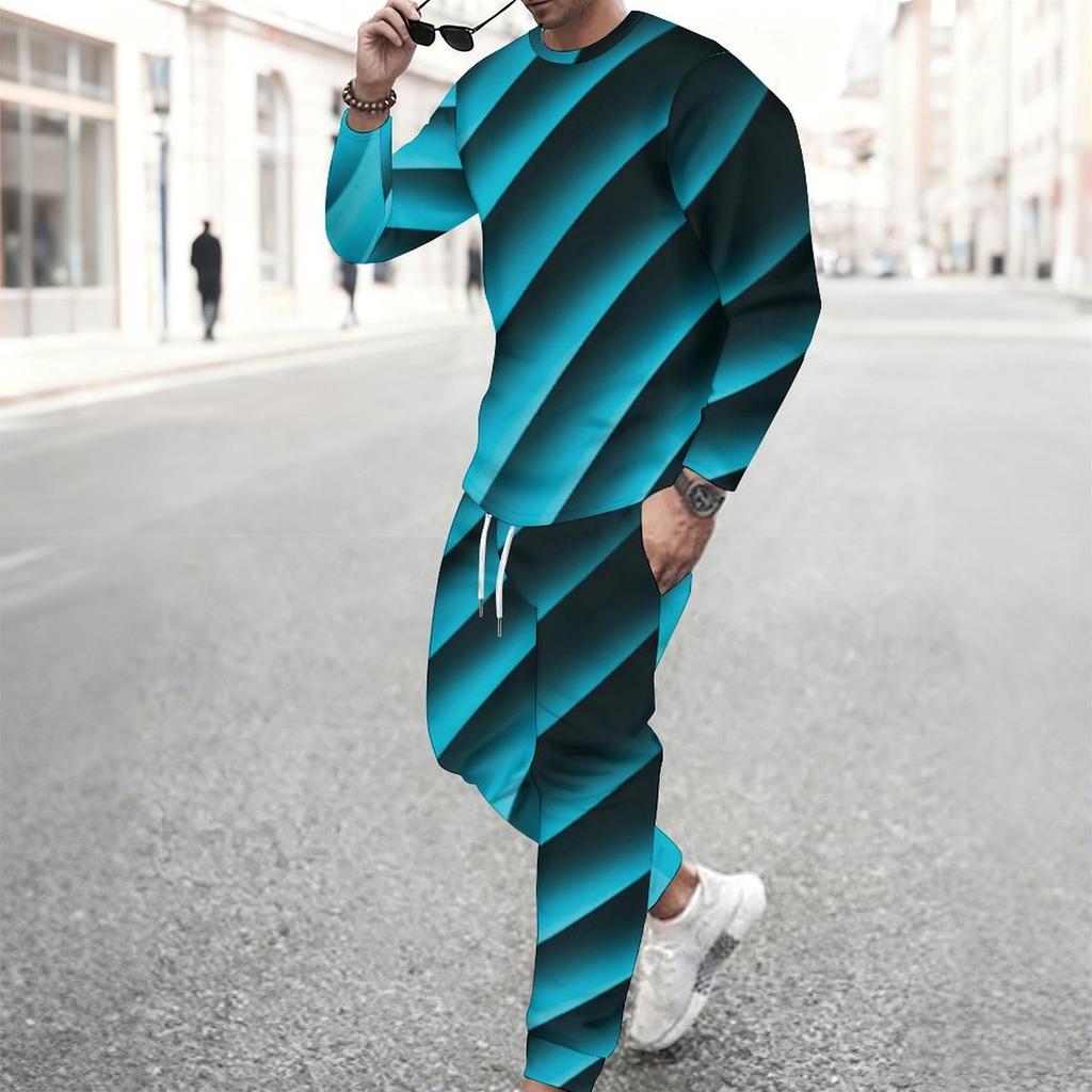Men Pink Black White Wavy Curve Geometric Print Long Sleeve Sweatshirt Jogger Pants Two Piece Suit