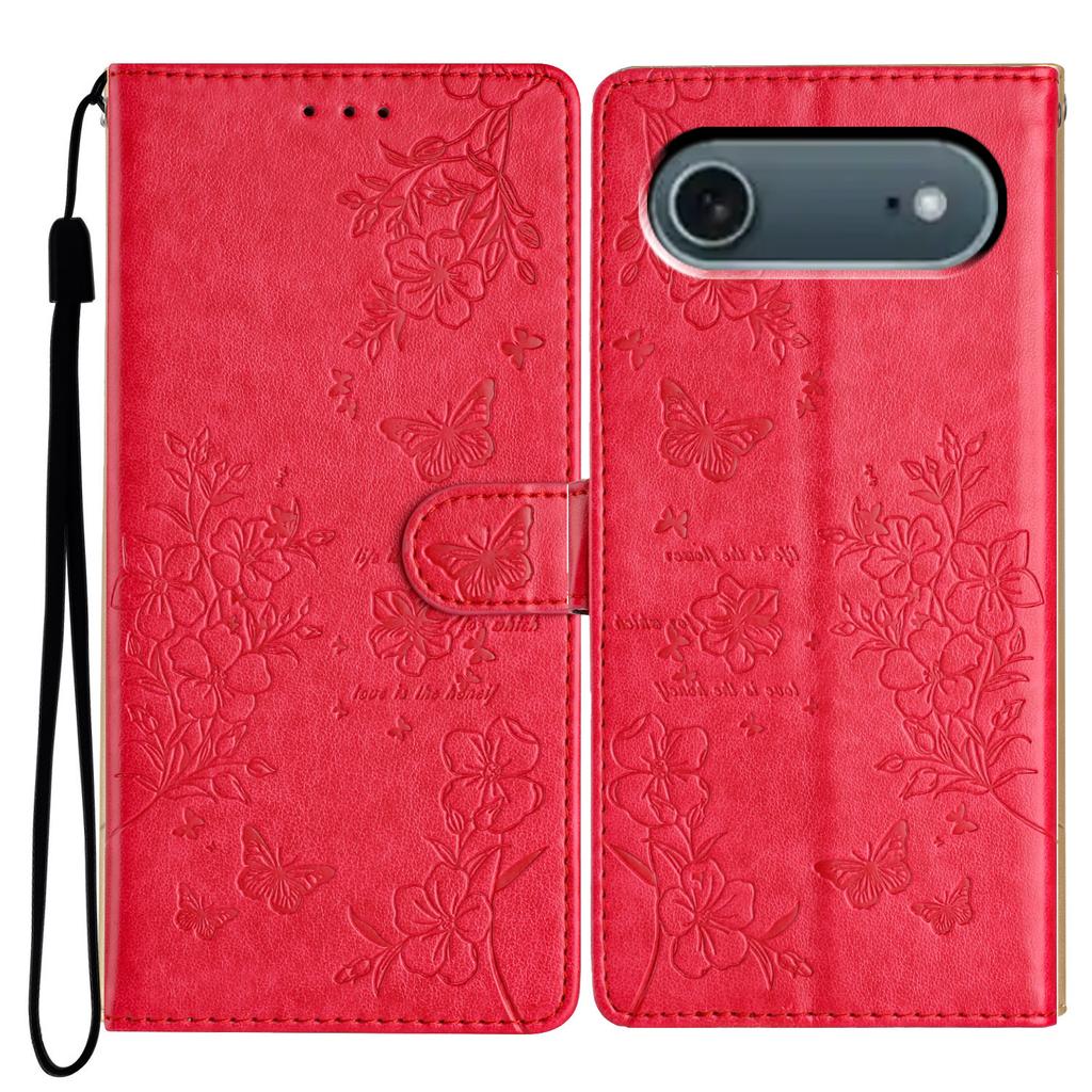 For iPhone 17 Air Wallet Phone Case Butterfly Floral Imprint Leather Flip Cover with Strap