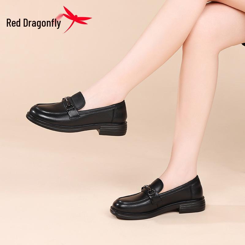 Red Dragonfly Women's Chunky Heel Loafers: Spring/Autumn Black Leather Shoes with Thick Soft Sole for Comfortable Wear