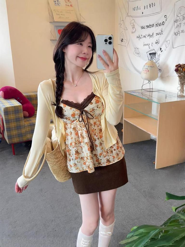 2026 Spring/Summer Women's Floral Chiffon Sun Protection Set: V-neck Tank Top with Cardigan