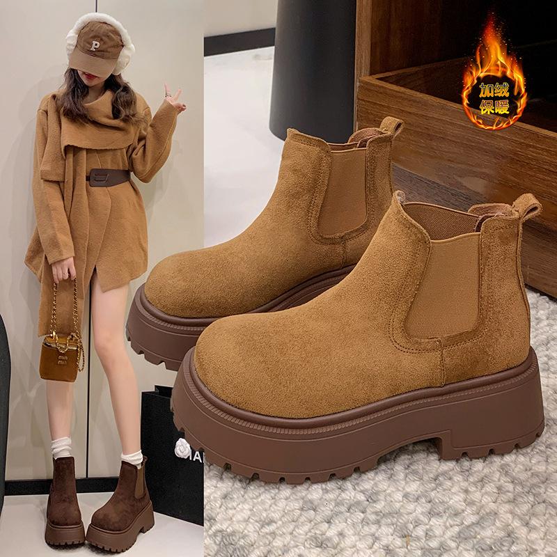 Leather thick-soled frosted Chelsea boots women's winter new retro velvet warm short boots Martin boots children