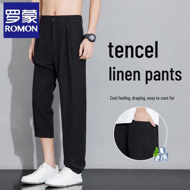LOMON Men s Summer Thin Tencel Linen Ice Silk Straight Leg Suit Pants M чёрный