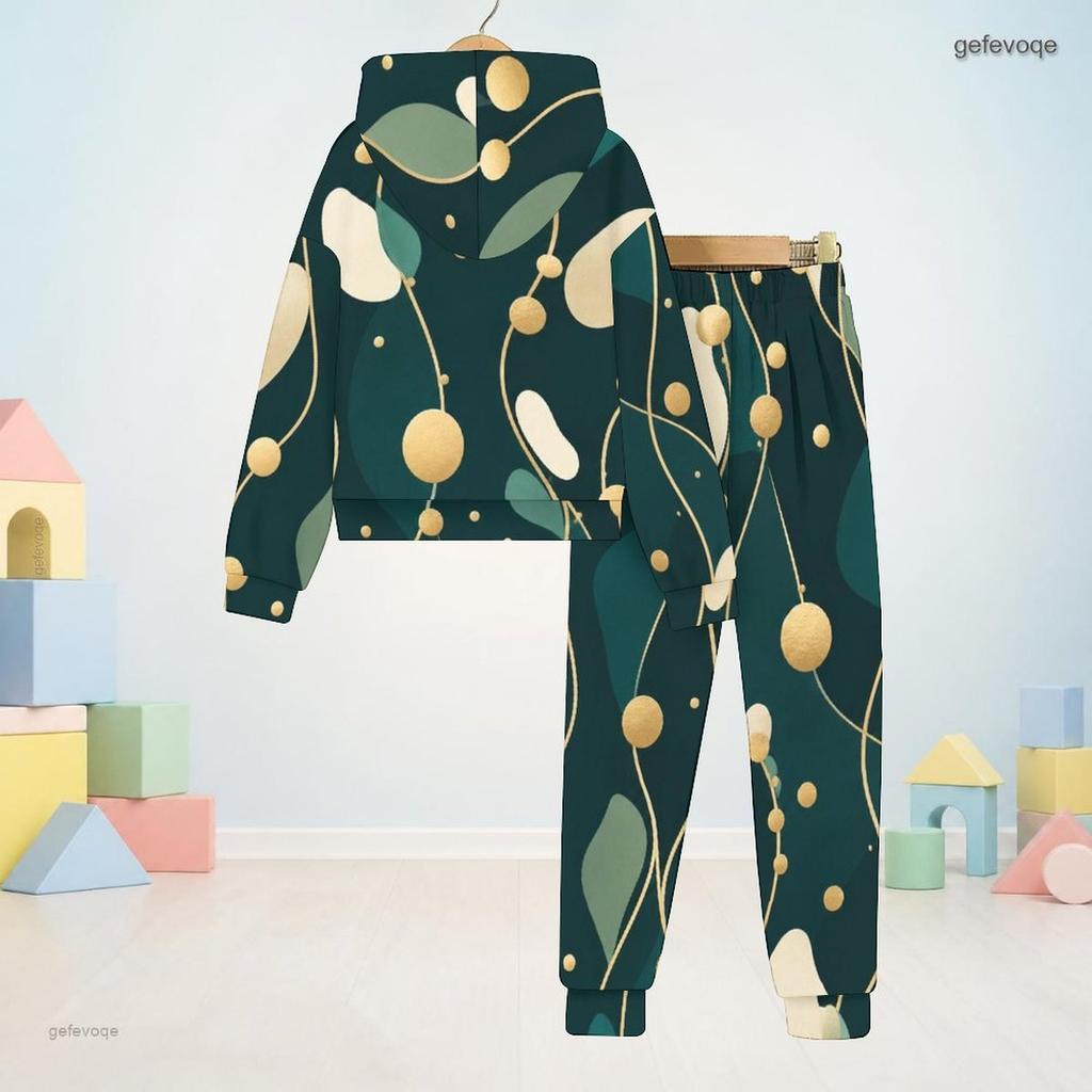 Boys Girls Black Floral Printed Hooded Long Sleeve Sweatshirt Cuffed Pants Two Piece Set