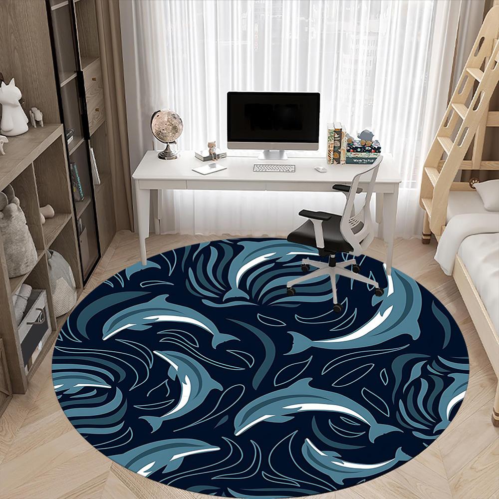 1PCDolphin Ocean Office Round Area Rug, Mat Suitable For Office, Under Office Chairs Bedroom Living Room Home Decor, Room Deco