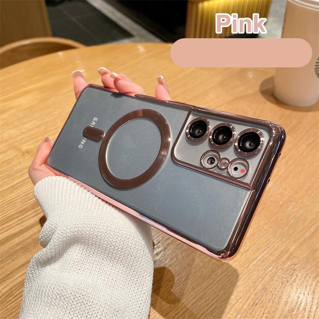 

Беспроводной магнитный чехол с покрытием для Samsung Galaxy S21 S23 Fe S22 Plus S24 Ultra 4K Glass Full Camera Protect For S22 розовый