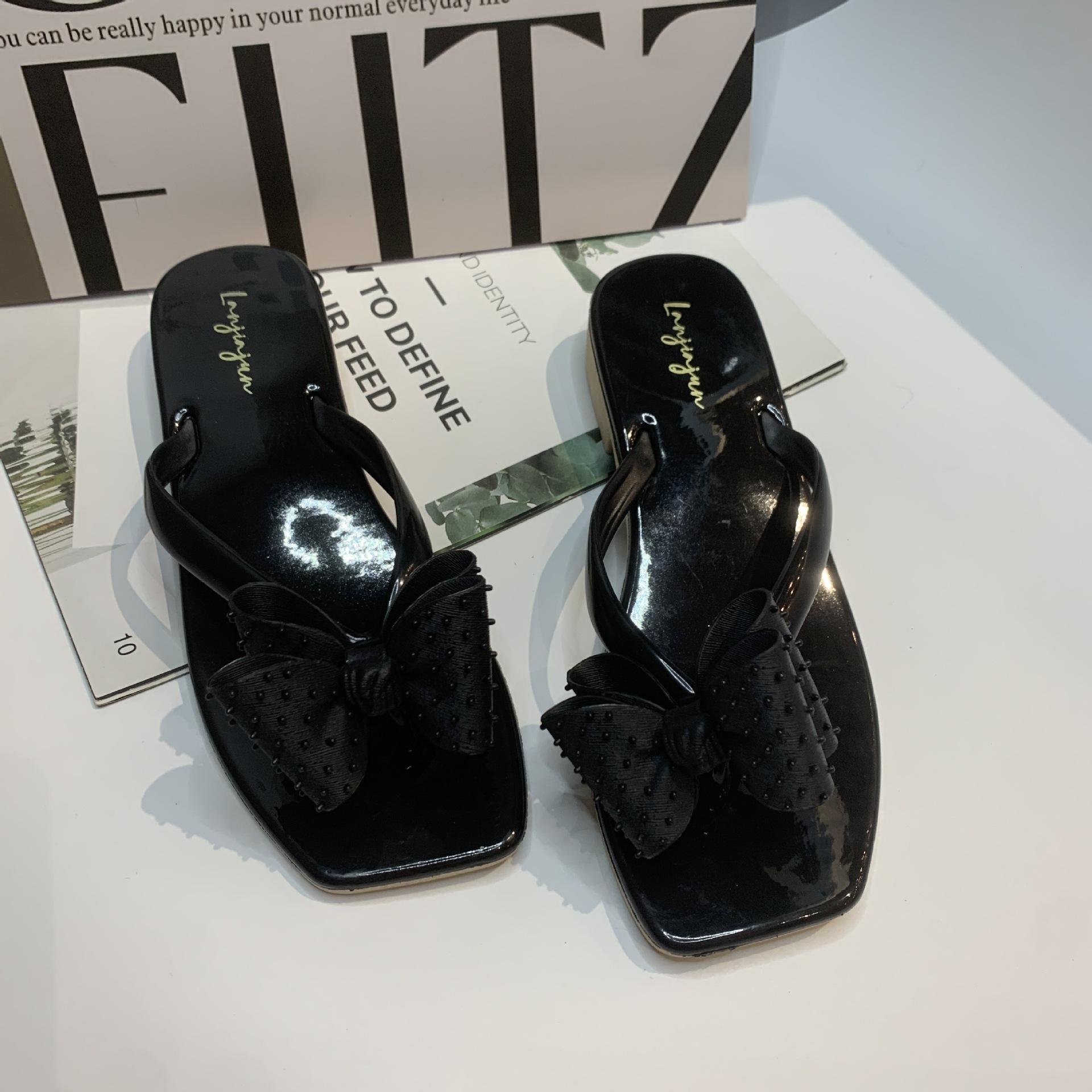 

Шлепанцы с бантом, женские летние новые модные тенденции, модные пляжные тапочки с плоским дном и квадратной головкой 36 чёрный