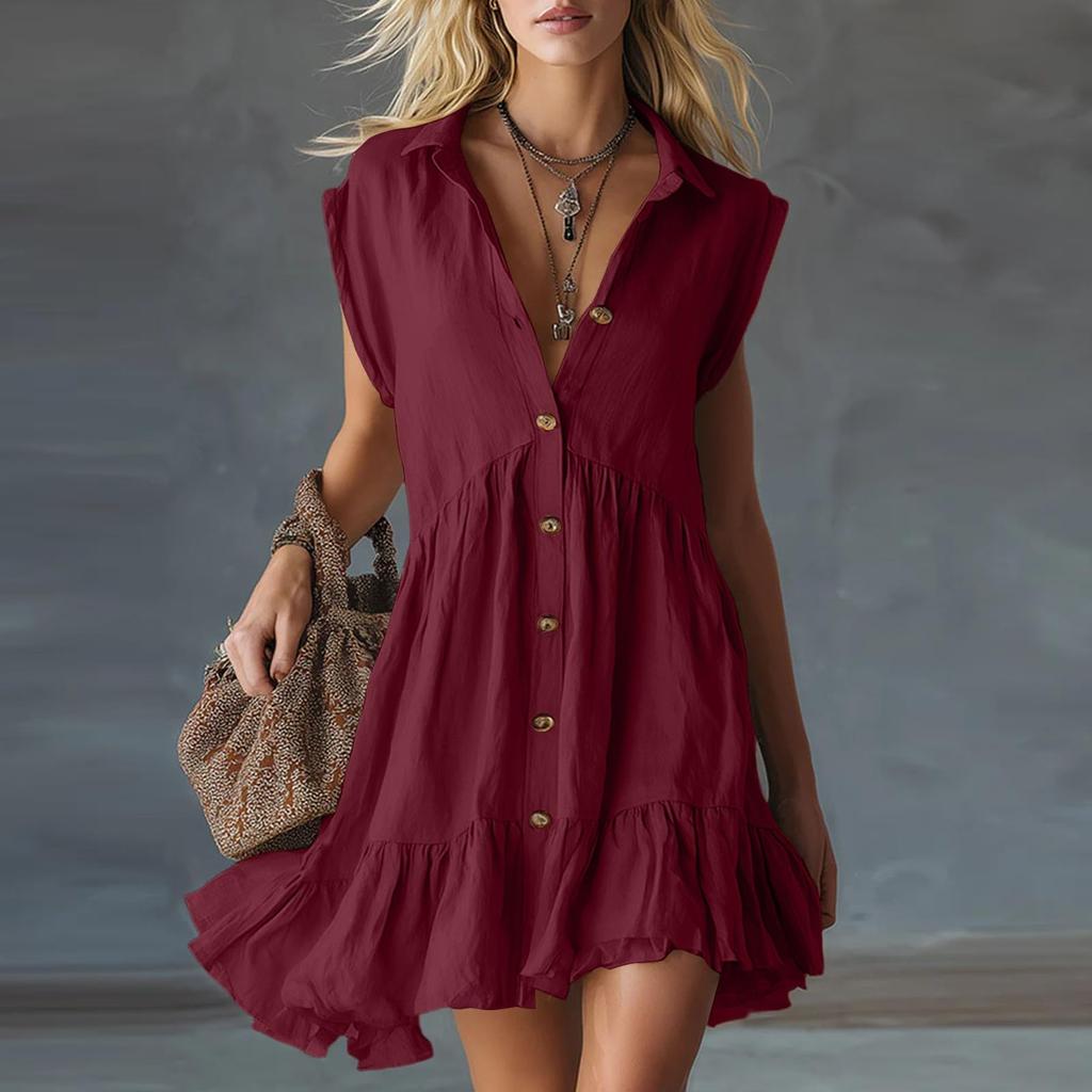Women Button Down Shirt Dress Ruffle Hem Pocket Cotton Linen Sleeveless Casual Mini Dress for Everyday Wear
