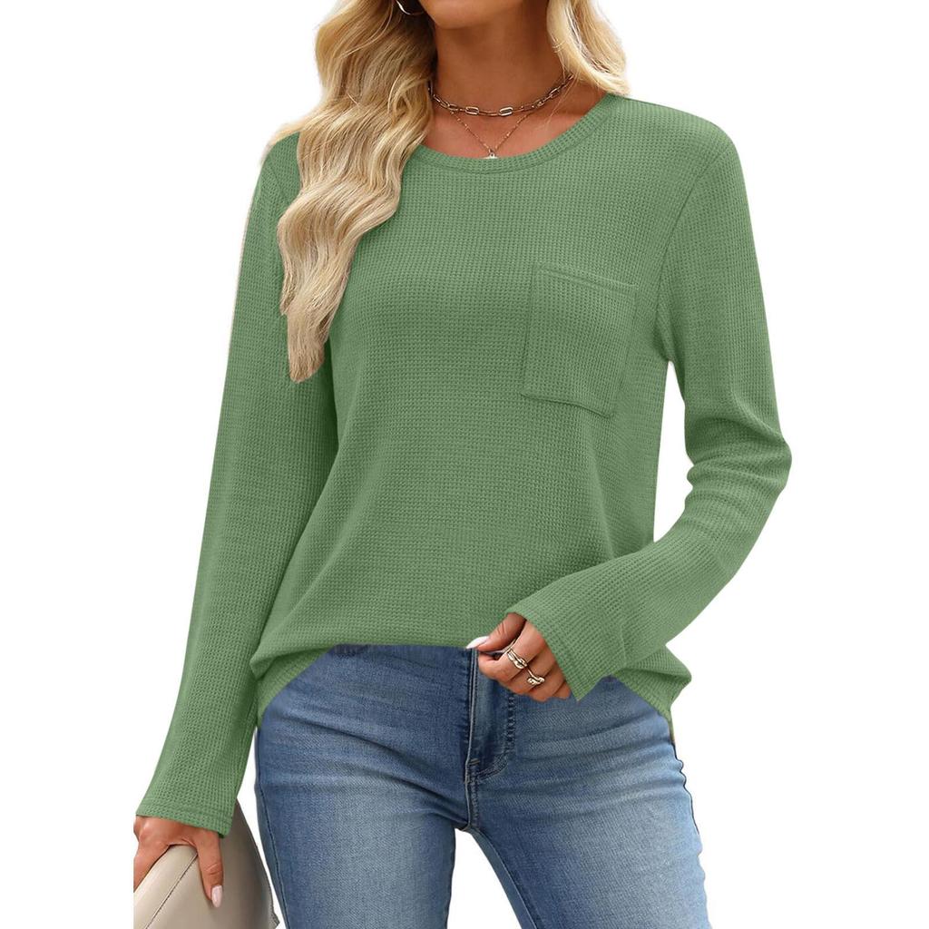 Women's European & American Style Long Sleeve Waffle Knit Top - Loose Fit Casual Pocket T-shirt