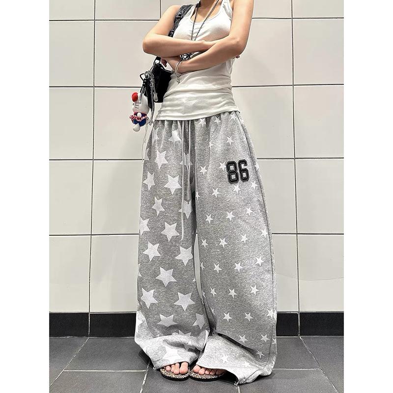 Retro Y2k Star Printed Sports Pants Women Autumn Winter High Street Hip-hop Loose Casual Gray Wide Leg Pants
