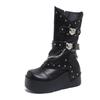 Petit Heightened Wedge Heel Boots Autumn New Round Toe Studded Metal Buckle Side Zipper Platform Non-Slip Mid-Tube Boots
