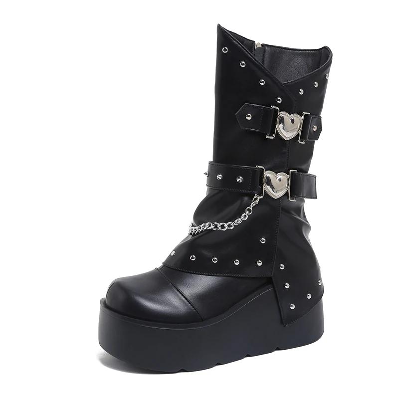 Petit Heightened Wedge Heel Boots Autumn New Round Toe Studded Metal Buckle Side Zipper Platform Non-Slip Mid-Tube Boots