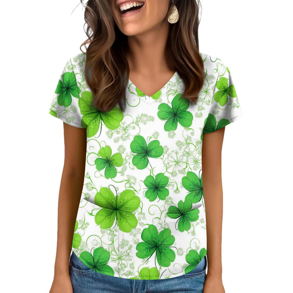 Damen V-Ausschnitt Saint Patrick's Day Print Kurzarm Tasche Seitenschlitz Top