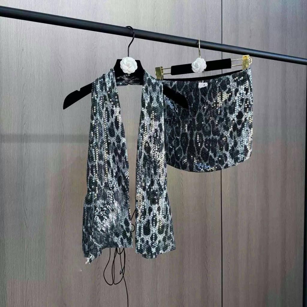 2024 Autumn Trendy Leopard Print Sequin Low Waist Short Skirt