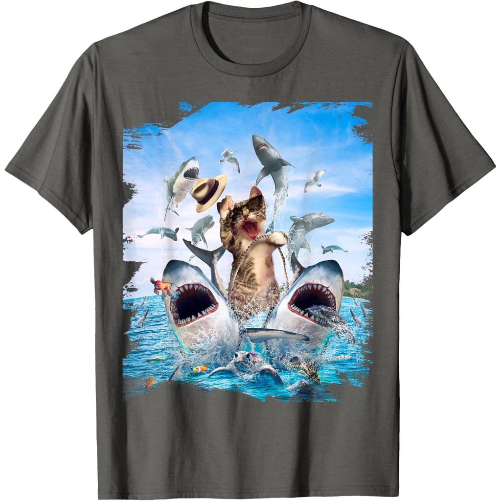 Funny Cat Riding Shark Beach Ocean Graphic Mens Casual Round Neck Tshirt