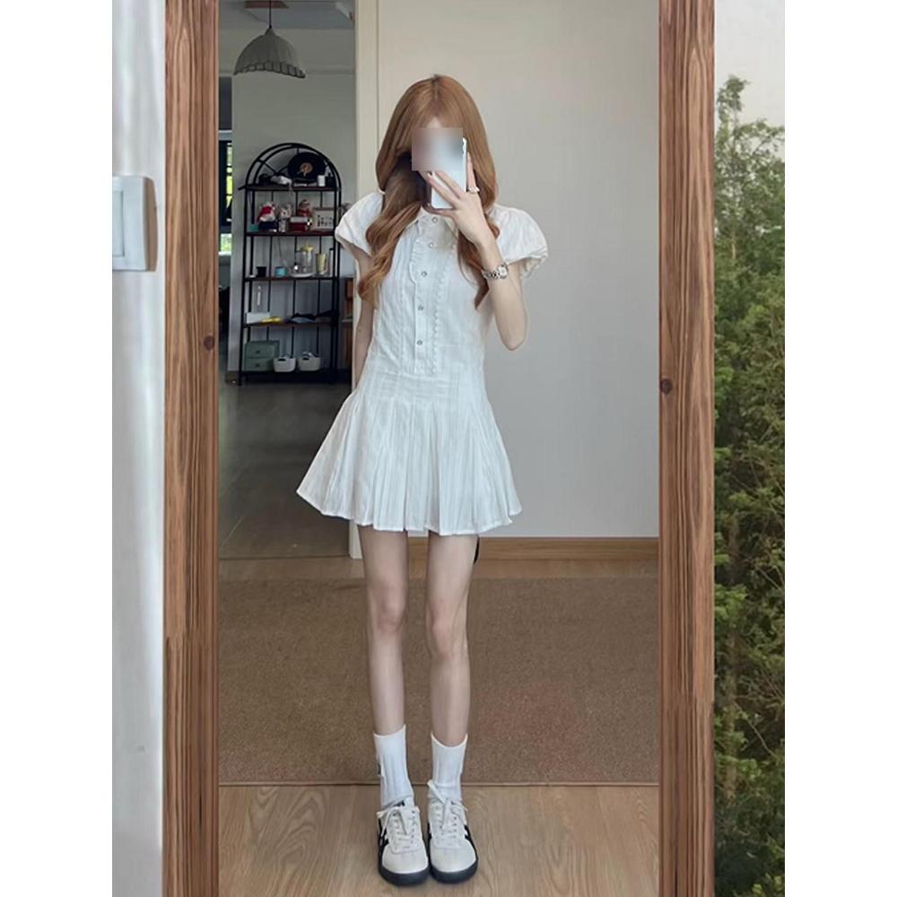 Polo collar black Hepburn style short-sleeved shirt dress women's summer college style waist pinch thin pleated A-word short skirt