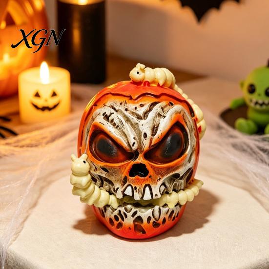 Resin Horror Tabletop Props Halloween Skull Apples Statue, Gothic Spooky Decor with Worm, Prop for Party Haunted House, Unique Gift Secret Room