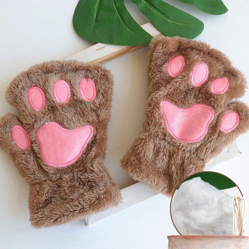 Gants patte de chat dames hiver coréen filles mignonnes sans doigts épais chaud patte d'ours en peluche demi-doigt gants