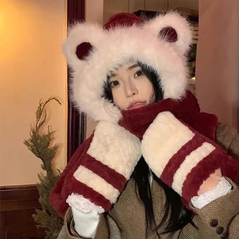 2024 Women's Red Angora Bear Hat with Thick Winter Scarf & Gloves