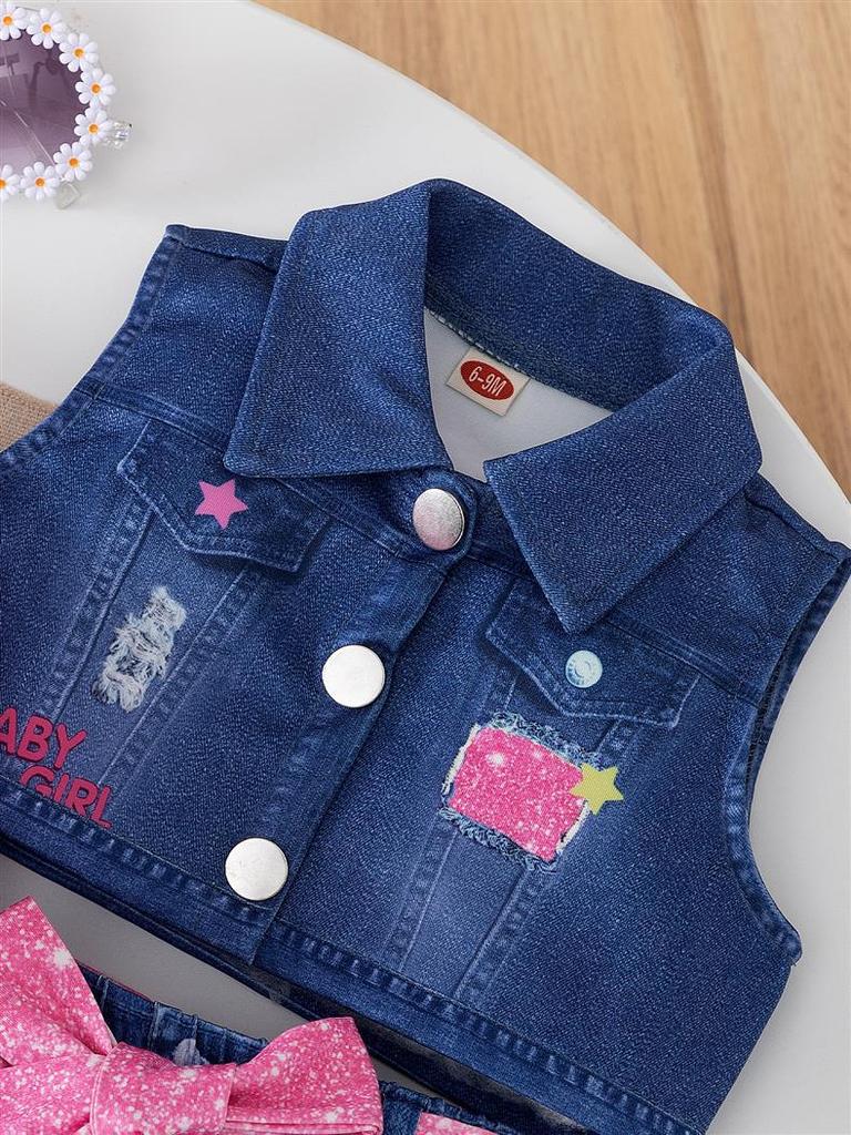 Zestaw 3-częściowy dla dzieci z nadrukiem dżinsowym 2024: Kamizelka, Bluzka z długim rękawem i Spodnie