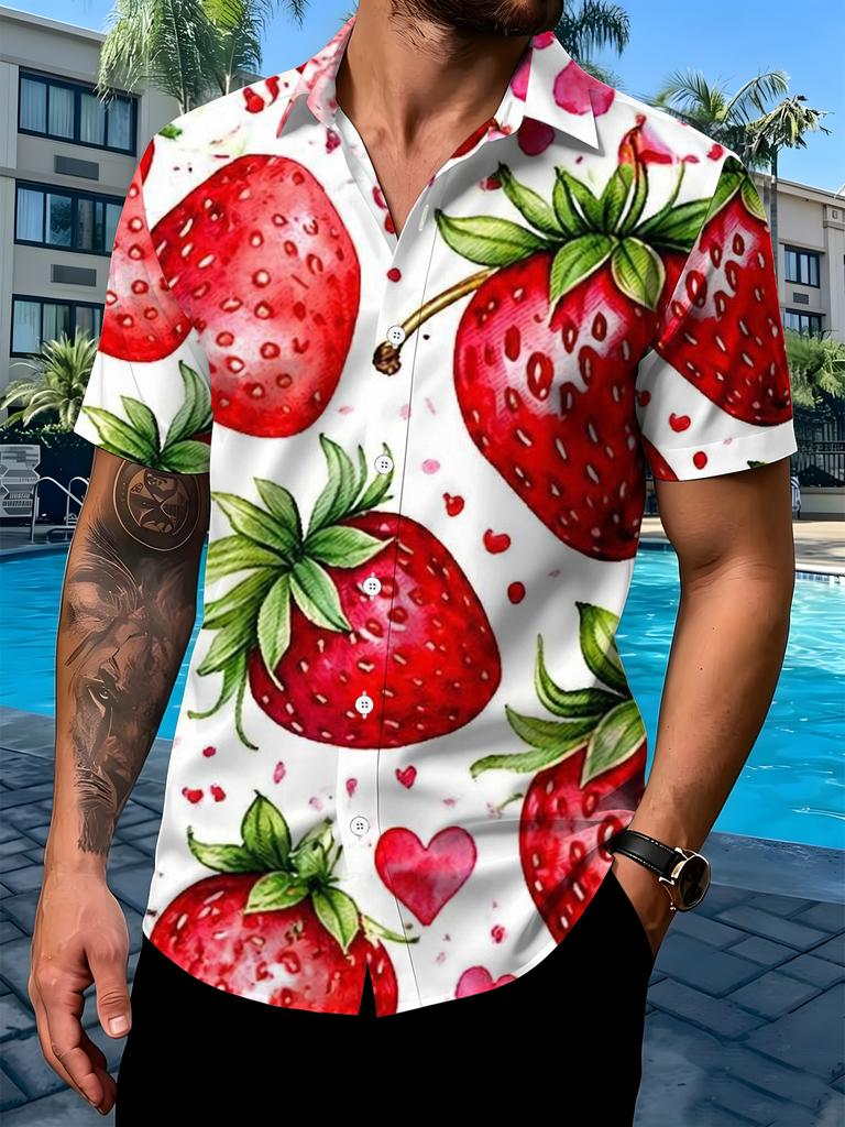 Plus Size Men'S Multi-Button Short Sleeve Shirt Strawberry Pattern Casual Stand Collar Short Sleeve Shirt Large Size Red Heart Embellishment Print