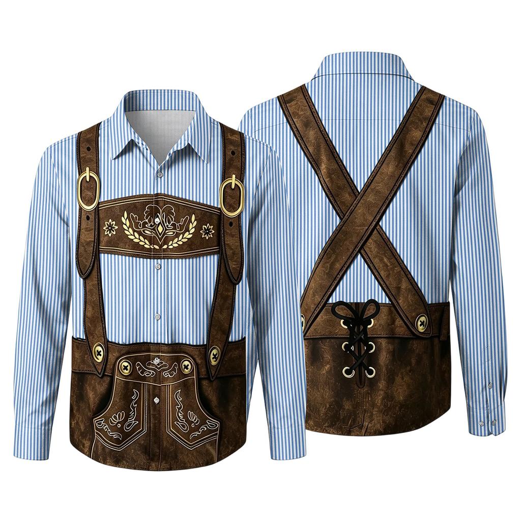 Herren Oktoberfest 3D-Druck Locker geschnitten Langarmhemd mit Reverskragen Vintage Lässig Outdoor Festival Party Atmungsaktives Oberteil