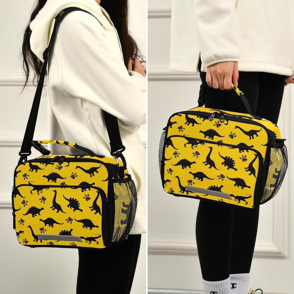 Dinosaur Animal Print Yellow Lunch Box Boys, Lunch Bag for Kids School Insulated Tote Bag Cooler Tote with Adjustable Shoulder Strap for Girls