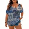 Women's Fashion Short Sleeve Cold Shoulder Top Casual Printed Blouse for Work Daily Wear Soft Fabric Comfortable Fit