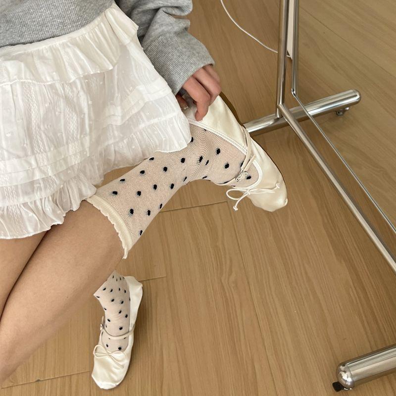 Bm Bow Polka Dot Socks Women'S Mid-Tube Socks Season Thin Girl Socks Lolita Stack Socks All Size Cotton