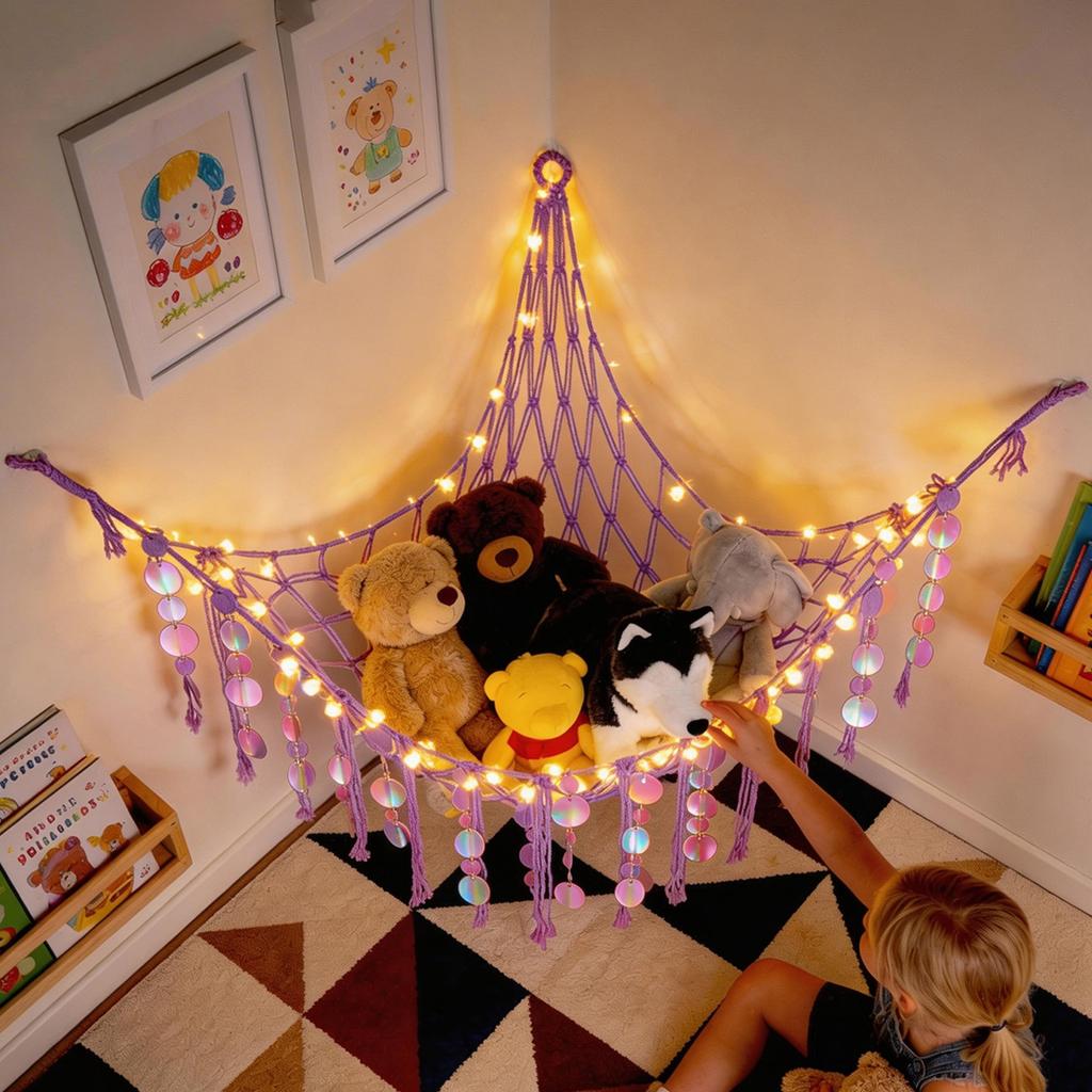 Stuffed Animal Hammock with LED Lights Wall Corner Hanging Plush Toy Storage Net Woven Cotton Rope Kids Nursery Decor