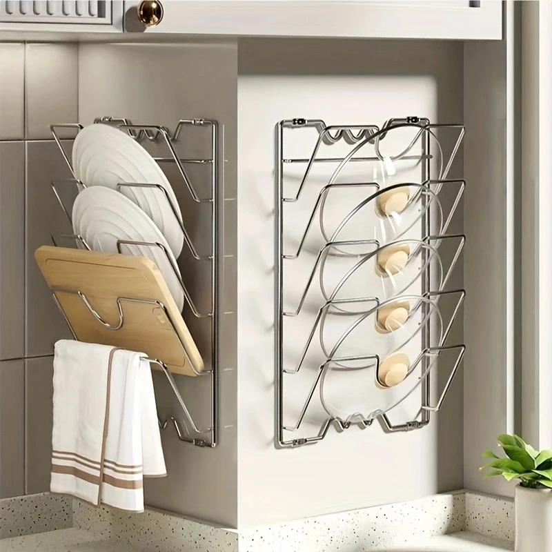 Pot Lid Organizer, Pots and Pans Lid Organizer for Cabinet Door/Wall, No Drilling Adhesive Mounted Rustproof Lid Holder