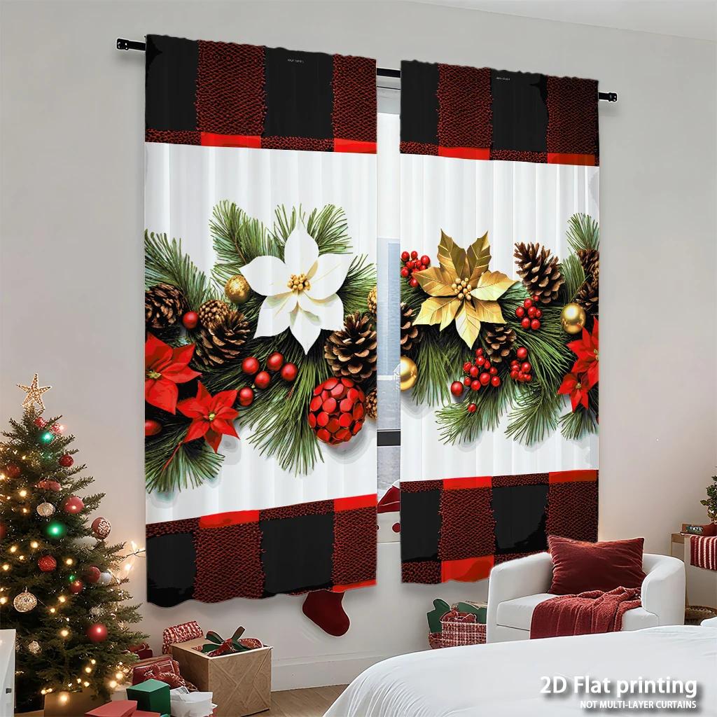 Piece Set High Definition Digital Printed Curtainschristmas Pine Branches Red Green Plaid Flower Decorhome Decoration Style Curtain Made Of Polyester