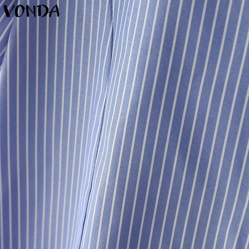 VONDA Women Lapel Short Sleeve Patchwork Striped Print Buttons Casual Blouse