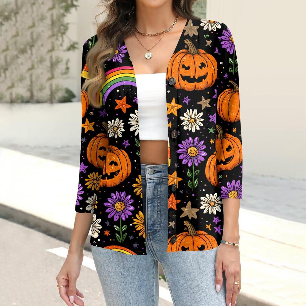 Women's Fashion Casual Print Button-down Shirt 3/4 Long Sleeve Tops