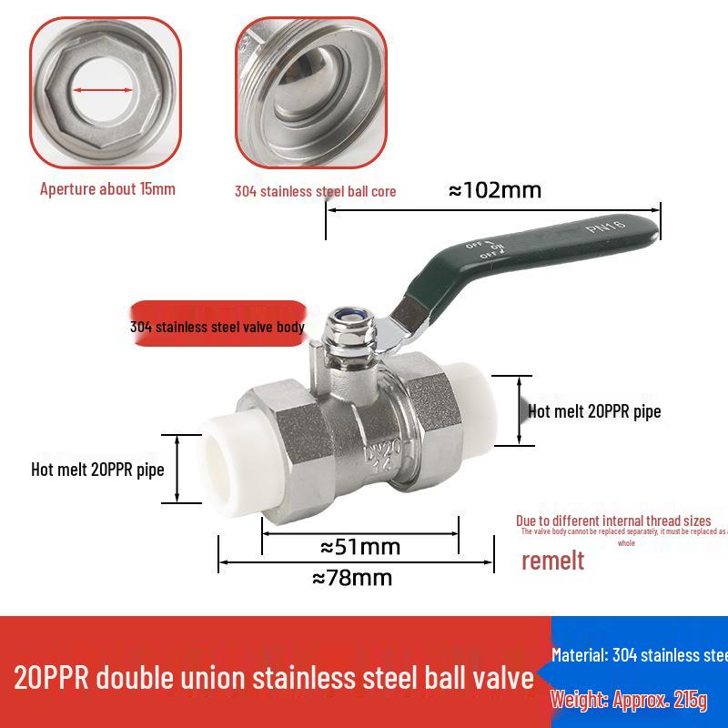 4-Point Double Union 20PPR Stainless Steel Ball Valve for Household Water Pipe Fittings