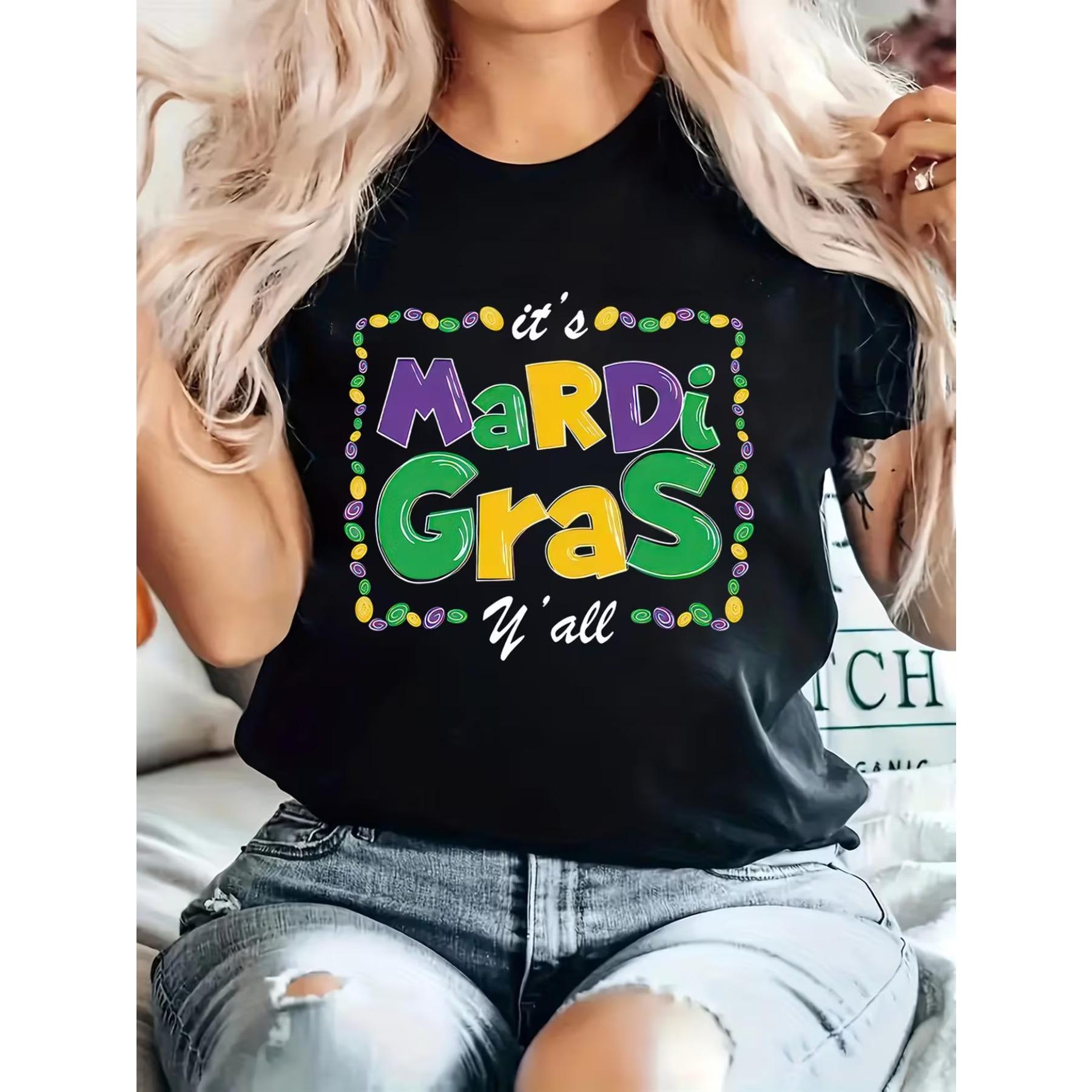 

Women S Mardi Gras Alphabet Applique T-Shirt - Casual Crew Neck Top for Spring and Summer XXL