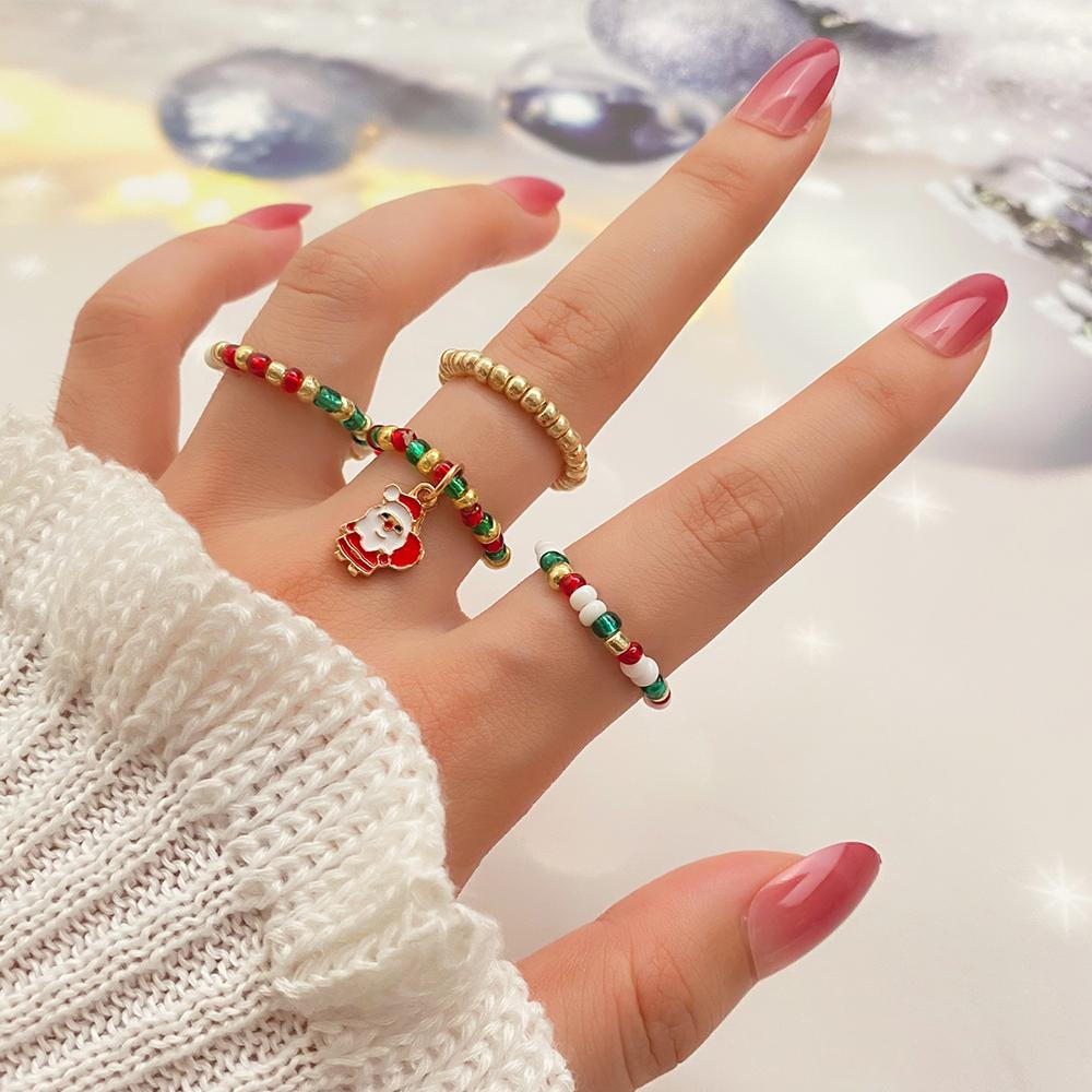 2023 New Christmas Tree Ring Colorful Luxury Santa Claus Ring Christmas Girl 4 Piece Ring Set Gift Elk Donut Pendant Fashion Exquisite Stretch Ring
