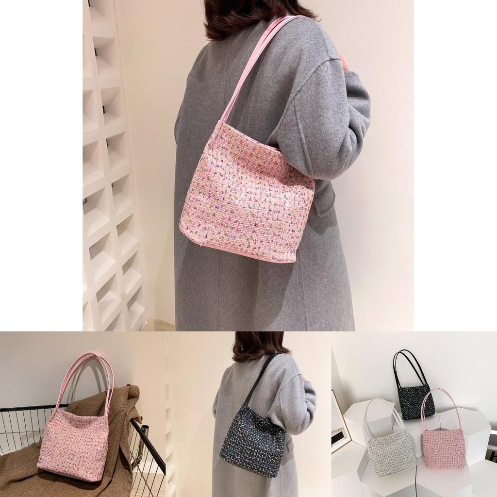 Stylish And Versatile Knitted Fabric Handbag In White Black And Pink For Women