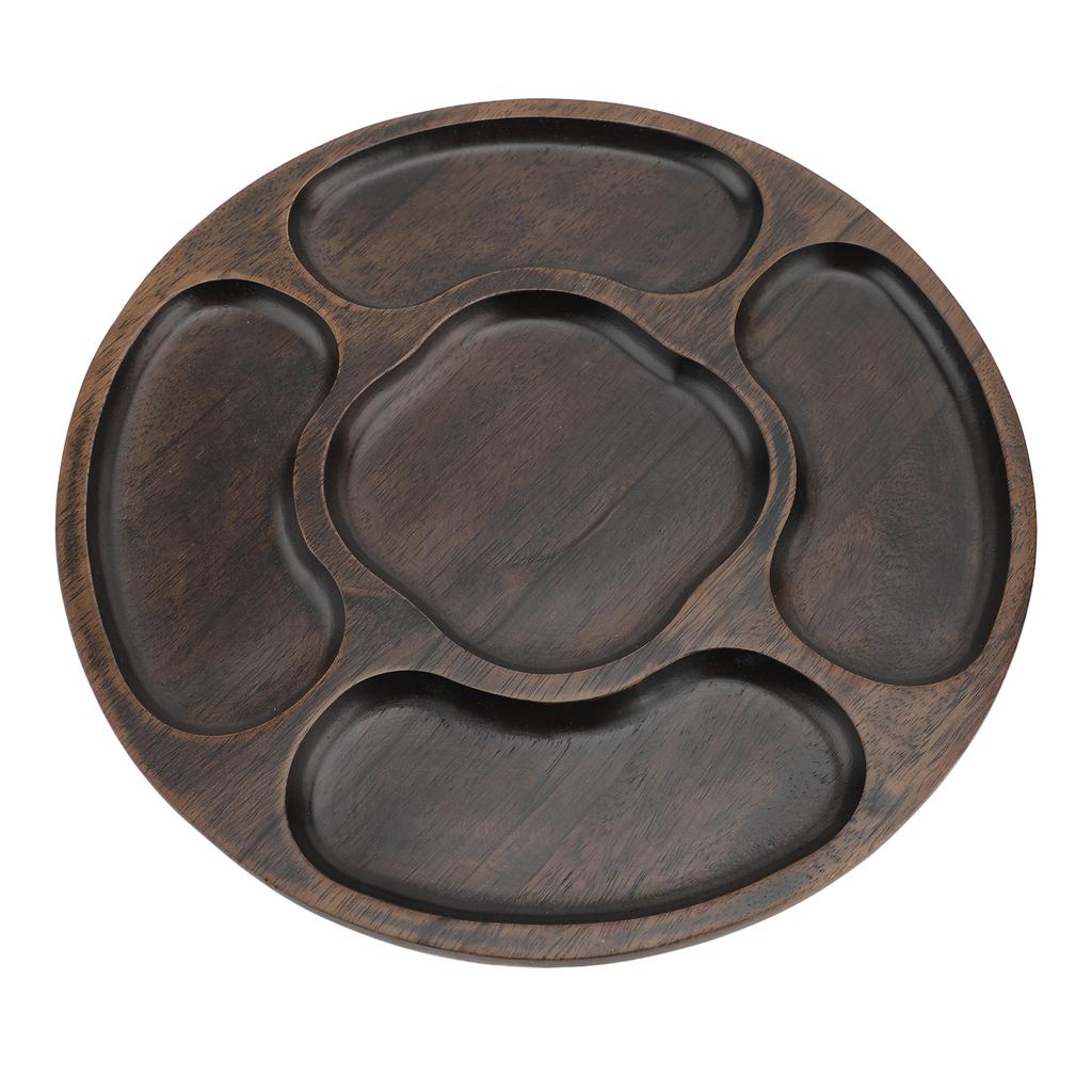 Divided Serving Tray Wood Round Snack Platter Chip and Dip Tray with 5 Compartments for Candy