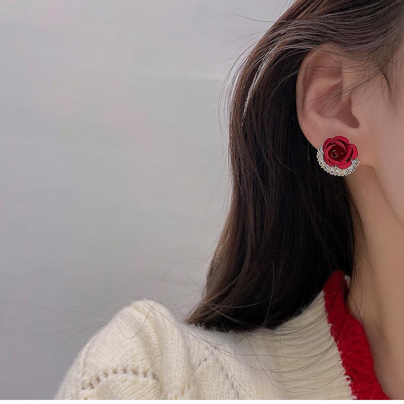 Korean Red Rose Zircon Stud Earrings For Women Luxury Crystal Flower Snowman Pearl Christmas Earrings Bride Wedding Jewelry Gift