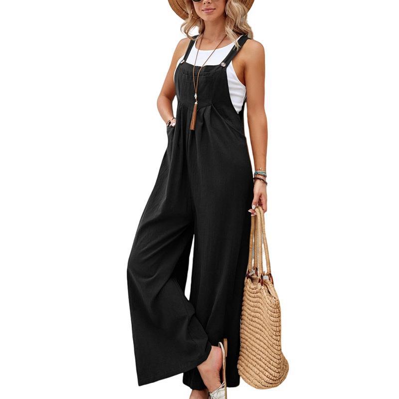 Damen Sommer Tank Jumpsuit Weites Bein Lässig Locker Ärmellos Strand Jumpsuit Overalls Strampler mit Taschen