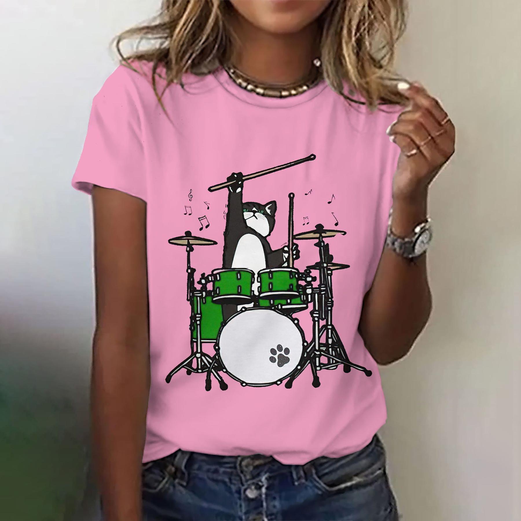 

Жіноча модна футболка Літній одяг з круглим вирізом Смішний повсякденний топ з короткими рукавами з котячим принтом Модна вільна футболка Жіночий одяг M