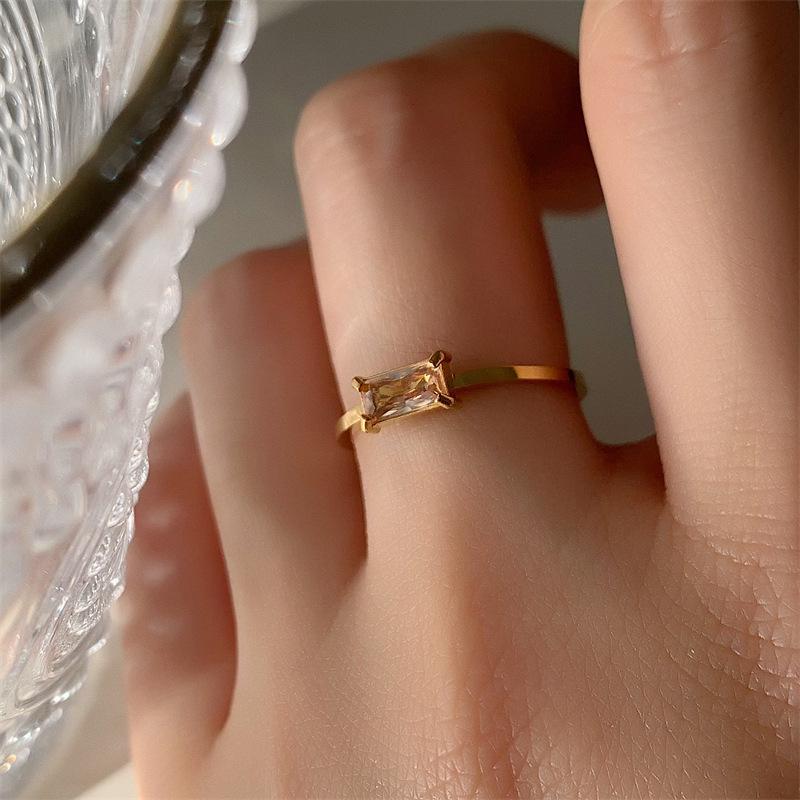 18K Gold-Plated Square Diamond Ring for Women: European & American Fashion, Available in Four Colors, Titanium Steel.