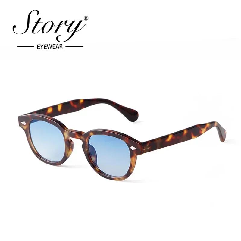 STORY Vintage Rivet Tortoiseshell Round Sunglasses Women Men  Brand Design Retro Yellow Blue Lens Square Sun Glasses S22728