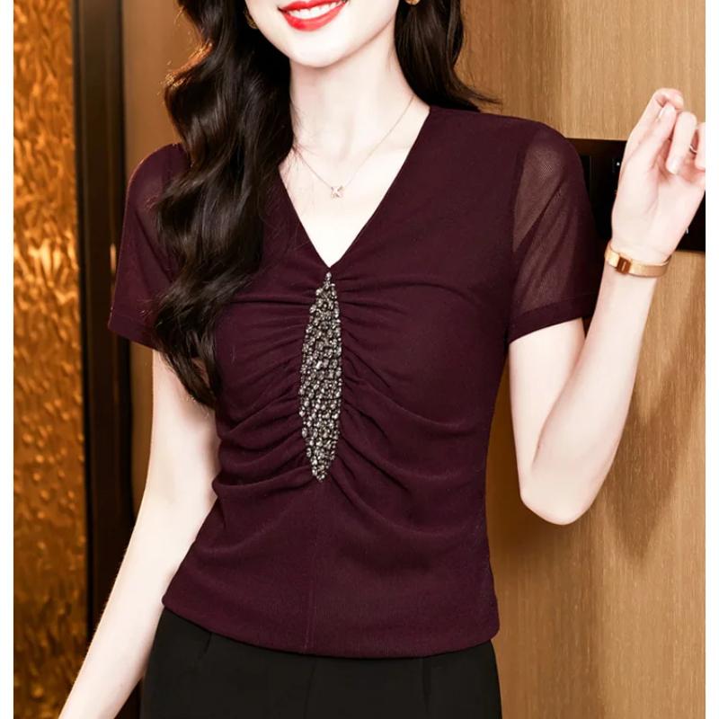 Summer Sexy V-neck Luxury Hot Diamonds Women’s T-Shirt Fashion Slim Mesh Short Sleeve Tees Brand Ladies  All Match Tops